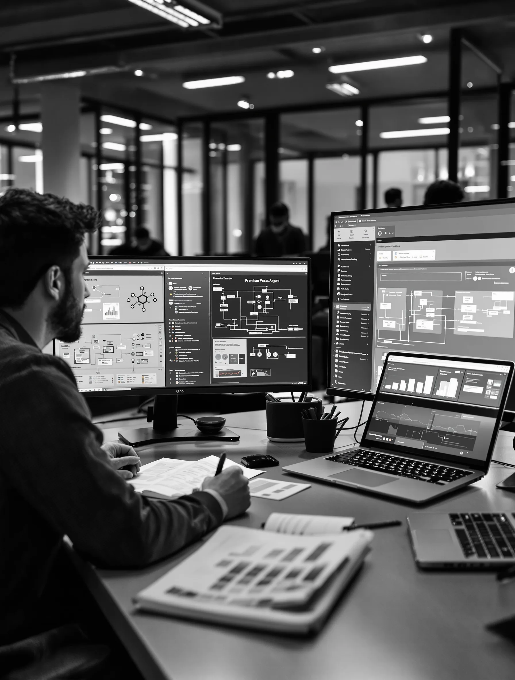 Realen operativni prostor — agentni workflow in dashboardi; zunaj okvirja kompleksnost, znotraj jasen sistem.
